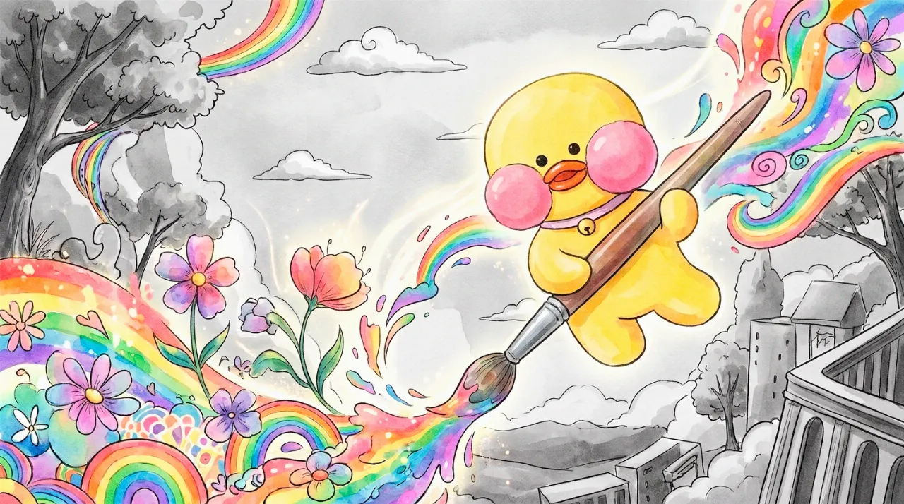 O patinho fofo do momento colorindo com seu pincel mágico!