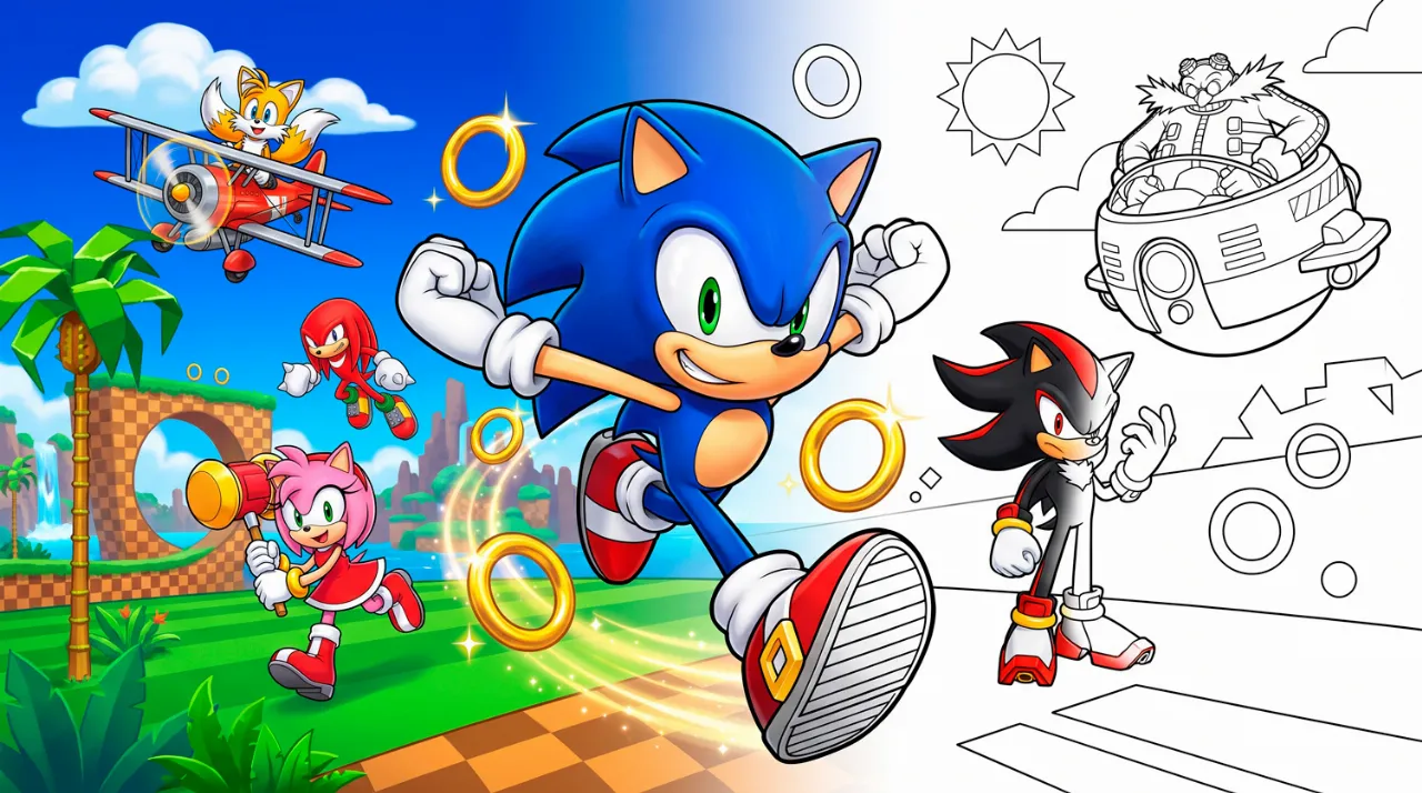 Sonic para colorir com Tails, Amy Rose, Knuckles, Shadow e Robotnik