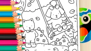 Desenho para colorir Cachorrinha no Balanço com Gatinho