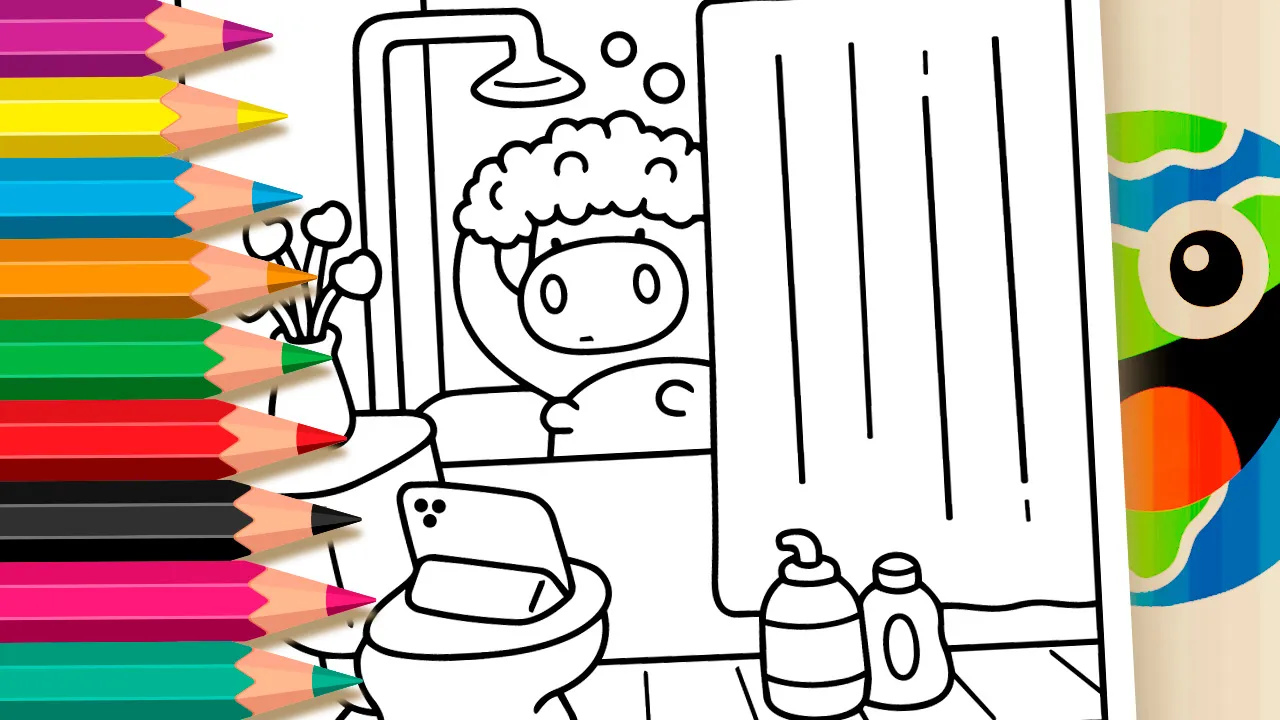 Banho da Vaca Kawaii - Desenho para imprimir e colorir