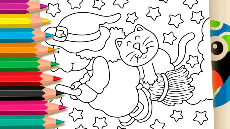 Bruxinha e Gatinho no Céu para Colorir Online