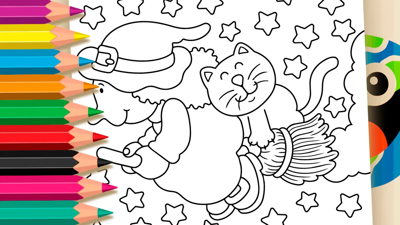 Bruxinha e Gatinho no Céu - Desenho para imprimir e colorir