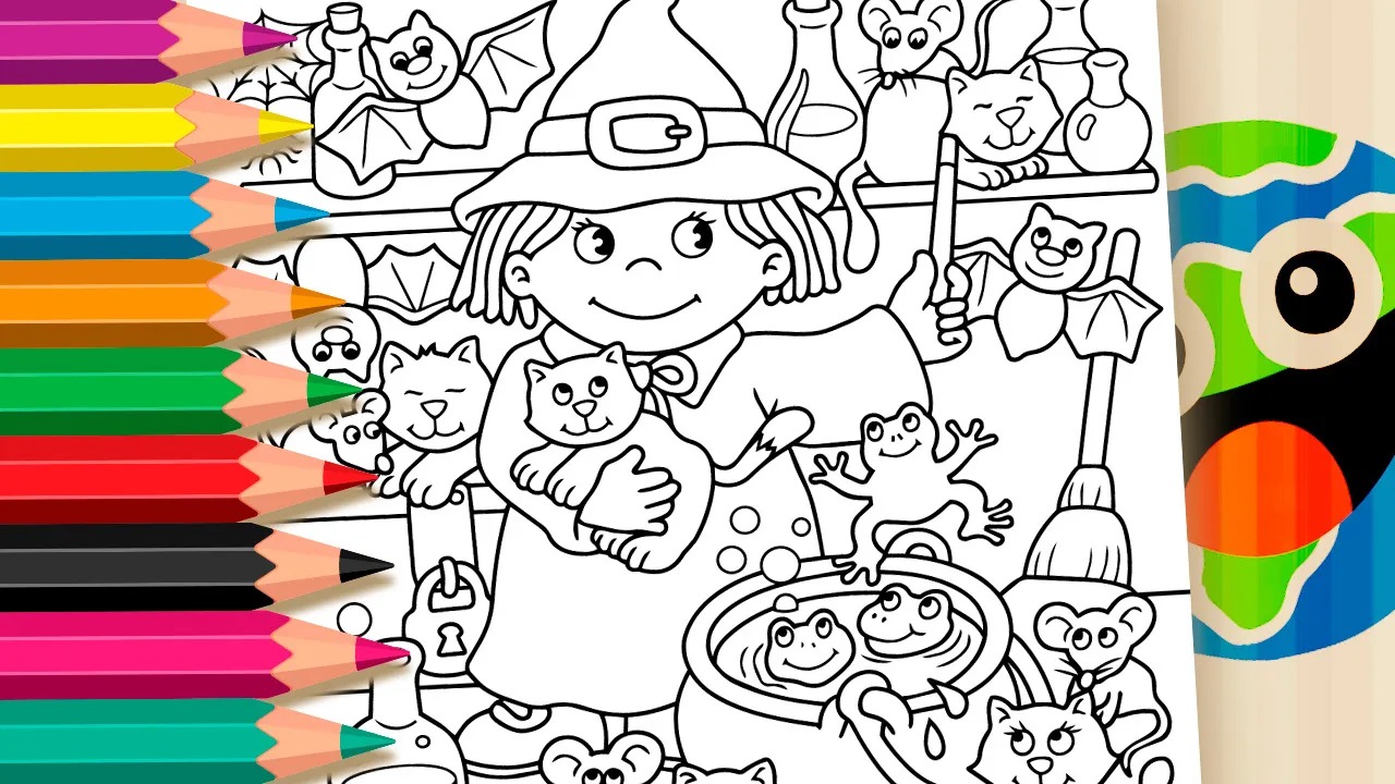 Bruxinha e Bichinhos - Desenho para imprimir e colorir