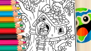Casa na Árvore Kawaii para Colorir Online