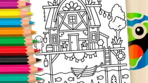 Cachorrinho na Casa sobre a Água para Colorir