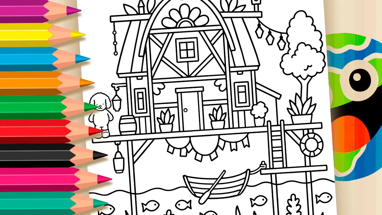 Cachorrinho na Casa sobre a Água para Colorir