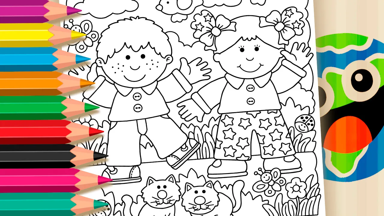 Crianças e Gatinhos - Desenho para imprimir e colorir