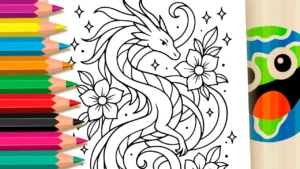 Dragão Oriental com Flores para Colorir Online
