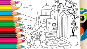 Santorini com Ursinho para Colorir Online