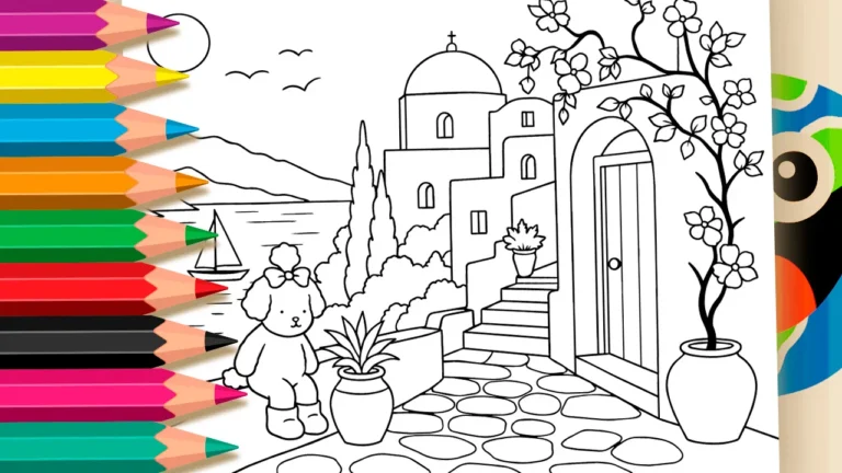 Santorini com Ursinho para Colorir Online