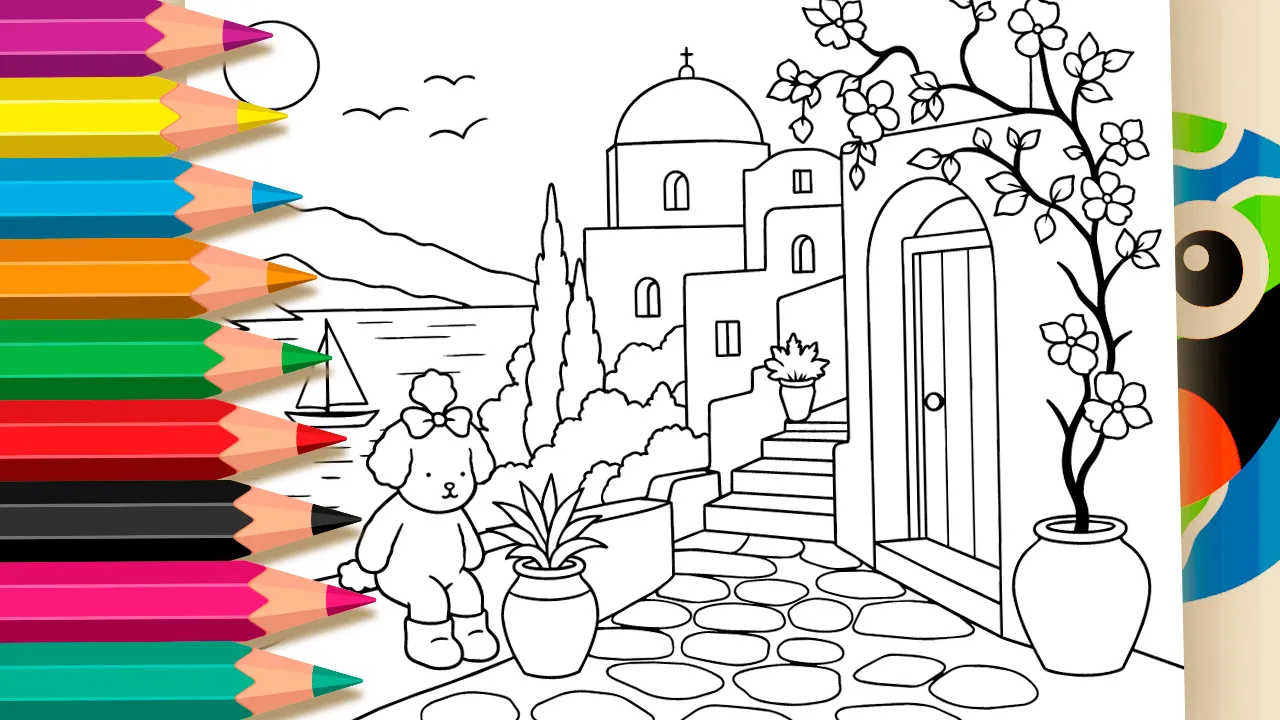 Santorini com Ursinho para Colorir Online