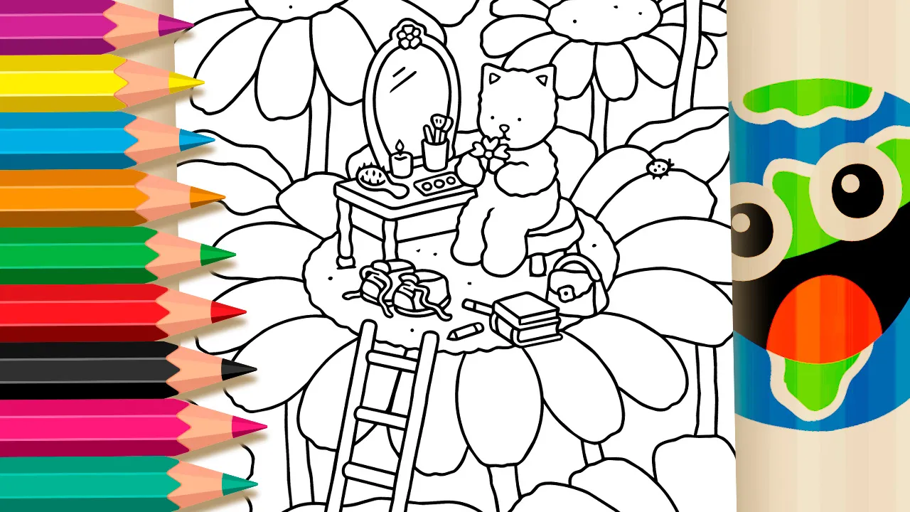 Gatinha no Girassol para Colorir Online
