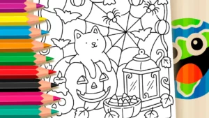 Gatinho na Abóbora de Halloween para Colorir Online