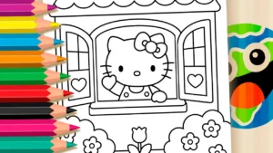 Hello Kitty na Janela para Colorir Online