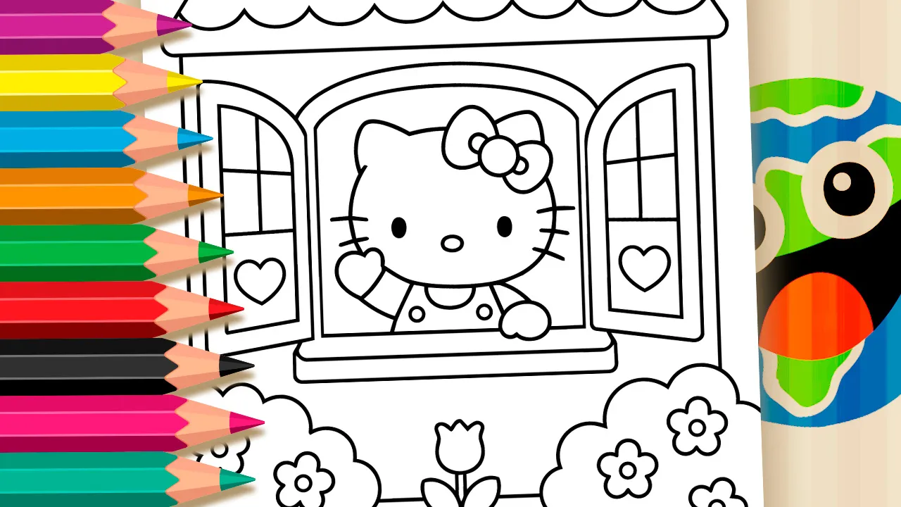 Hello Kitty na Janela - Desenho para imprimir e colorir