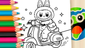 Labubu na Motoneta Retrô para Colorir