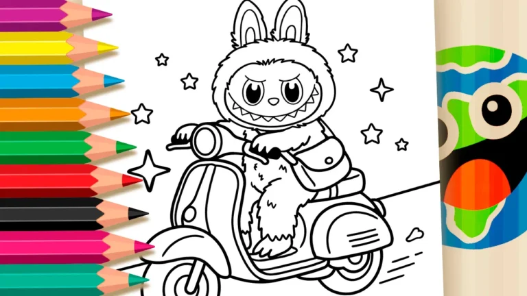 Labubu na Motoneta Retrô para Colorir
