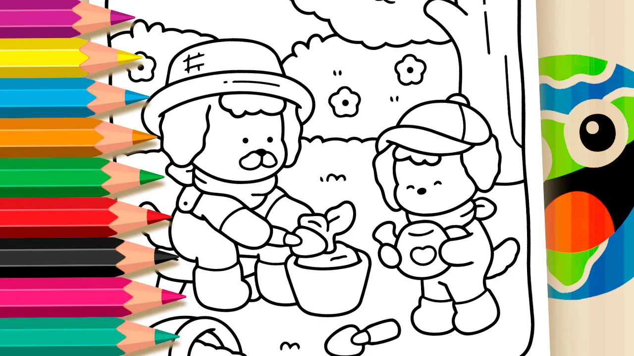 Papai e Filhote no Jardim - Desenho para imprimir e colorir