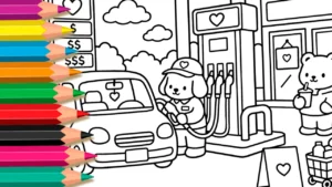 Posto de Gasolina Kawaii para Colorir Online