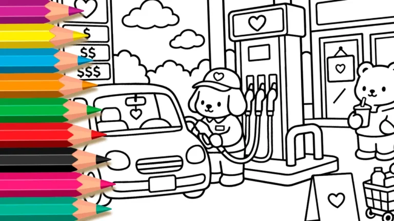 Posto de Gasolina Kawaii para Colorir Online