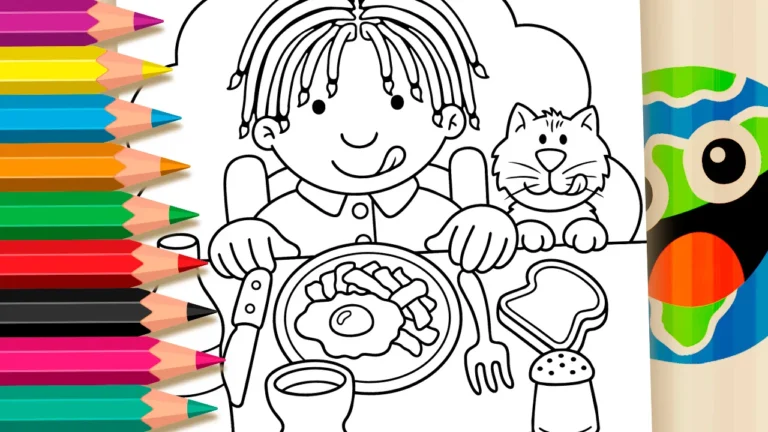 Menino e Gato no Café da Manhã para Colorir Online