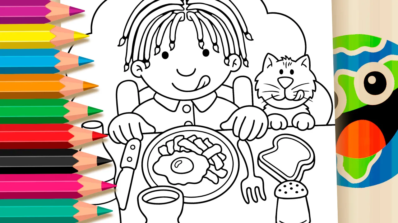 Menino e Gato no Café da Manhã - Desenho para imprimir e colorir
