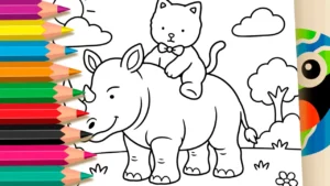 Gatinho no Rinoceronte para Colorir Online