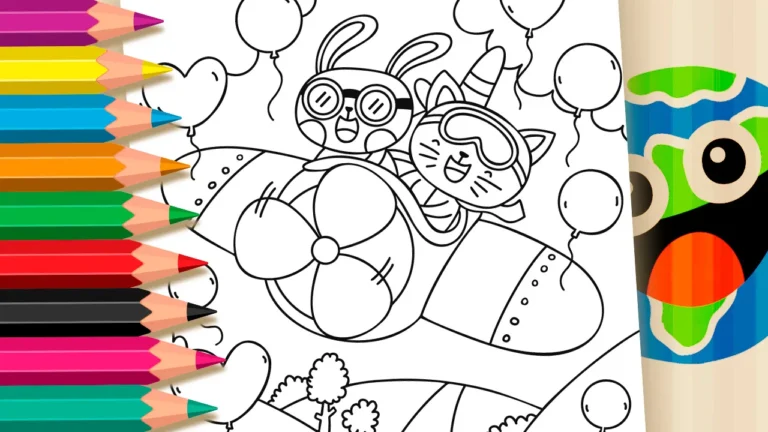 Avião Kawaii com Amigos para Colorir Online para Colorir