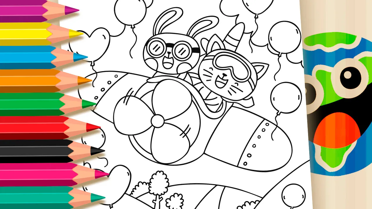 Avião Kawaii com Amigos para Colorir Online