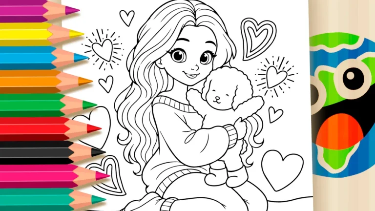 Menina com Cachorrinho para Colorir Online