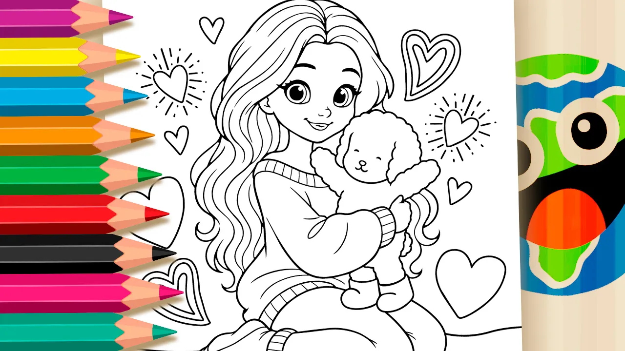 Menina com Cachorrinho para Colorir Online