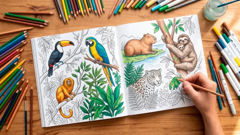 Desenhos de animais da Mata Atlântica e da biodiversidade brasileira para colorir online ou imprimir em folha A4, acompanhados de lápis de cor e marcadores artísticos.