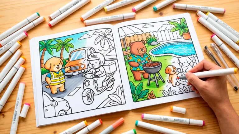 Cachorrinha flanelinha, corrida de moto-táxi e churrasco na piscina em desenhos para colorir no estilo Bobbie Goods brasileiro, acompanhados de marcadores artísticos ponta dupla.