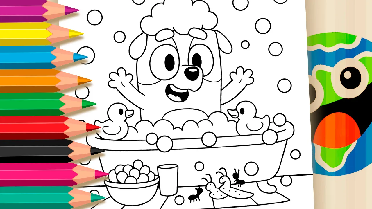Bluey na Banheira - Desenho para imprimir e colorir