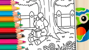 Cachorrinha Lendo na Árvore para Colorir Online