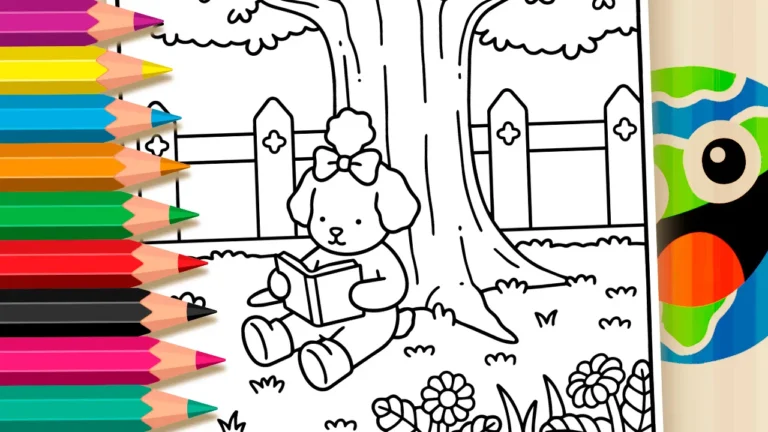 Cachorrinha Lendo na Árvore para Colorir Online