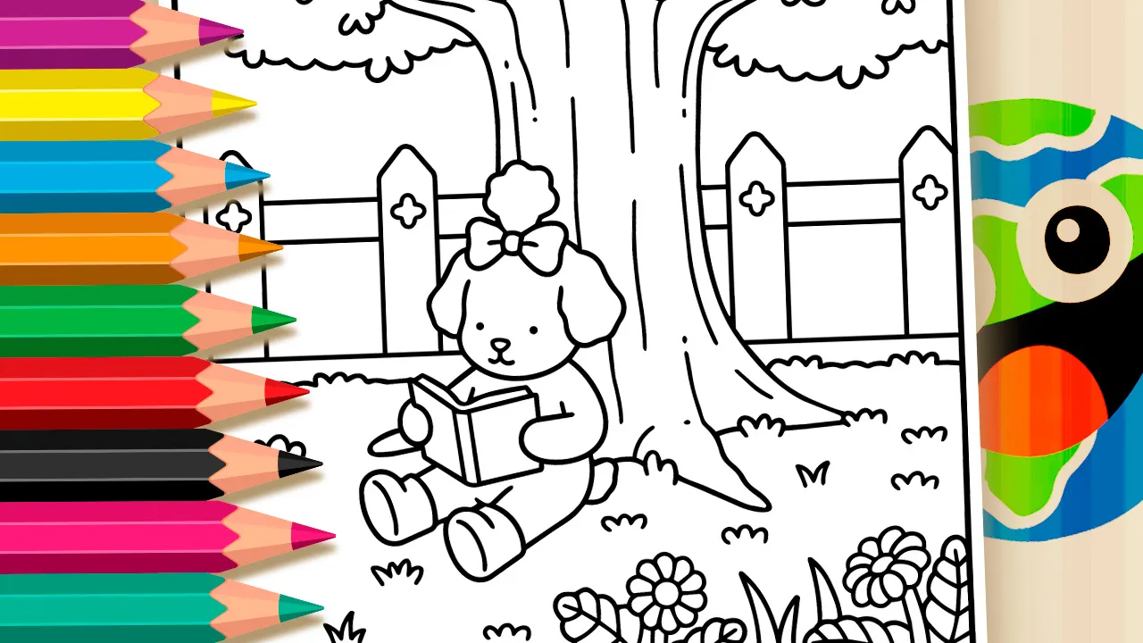 Cachorrinha Lendo na Árvore - Desenho para imprimir e colorir