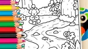 Cachorrinha Meditando na Floresta para Colorir Online
