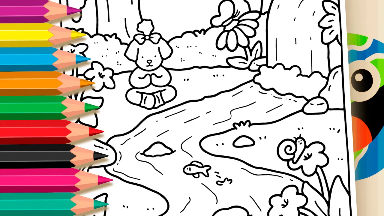 Cachorrinha Meditando na Floresta - Desenho para imprimir e colorir