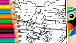 Cachorrinha Entregadora na Praia para Colorir Online