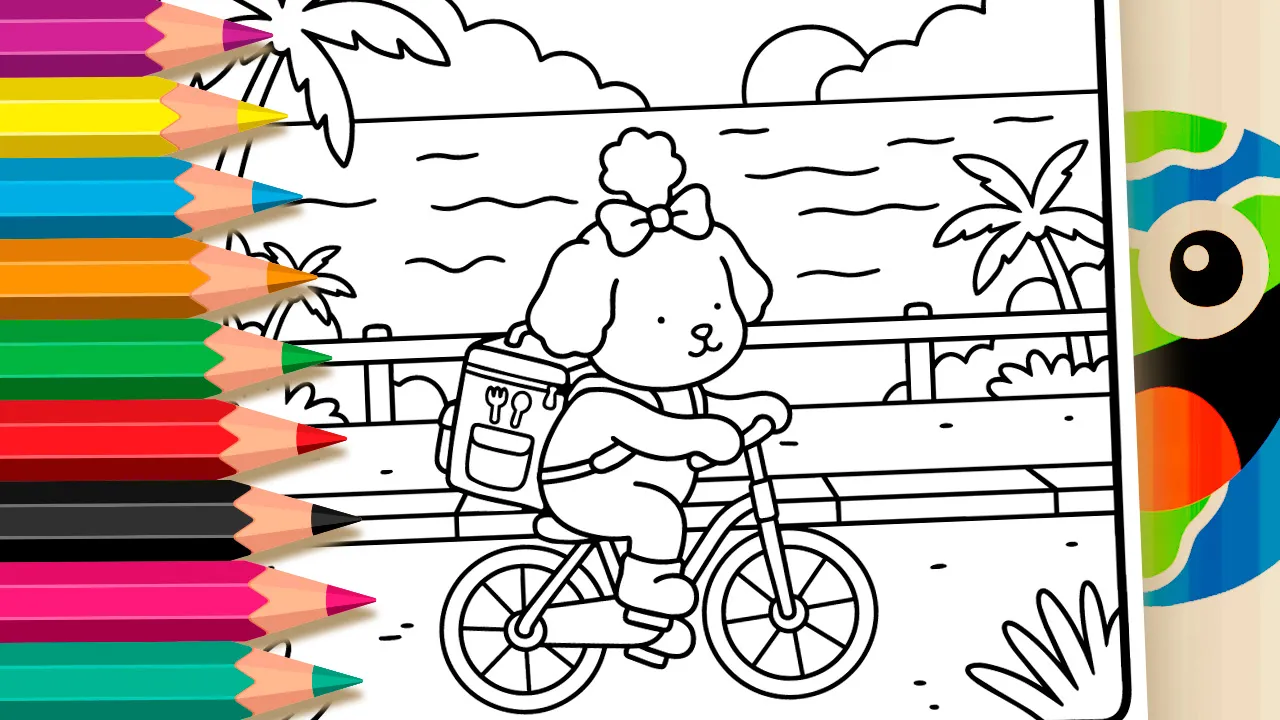 Cachorrinha Entregadora na Praia para Colorir Online