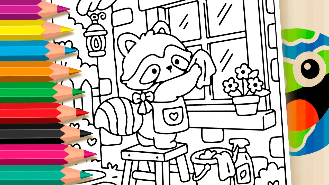 Guaxinim na Faxina para Colorir Online - Desenho para imprimir e colorir