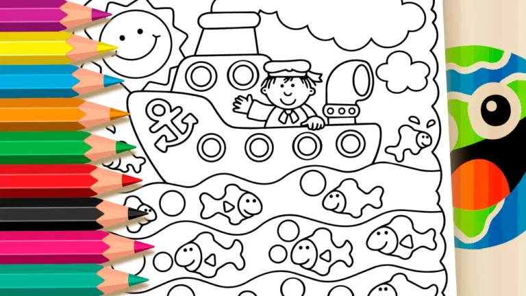 Navio a Vapor e Fundo do Mar para Colorir Online para Colorir