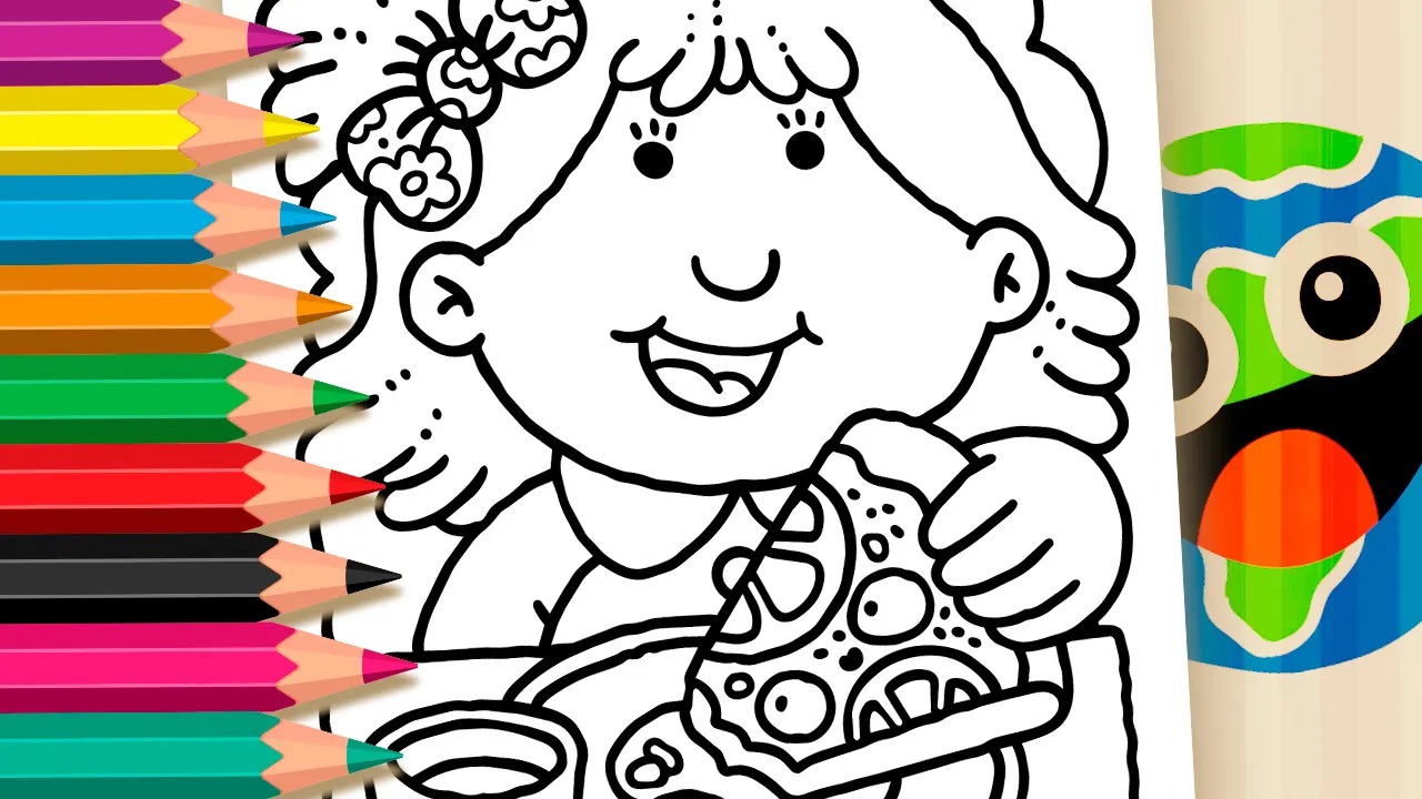 Menina com Pizza - Desenho para imprimir e colorir
