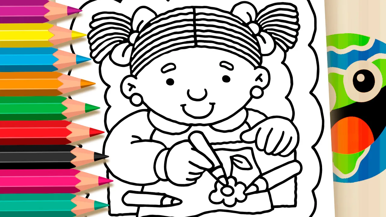 Menina Colorindo uma Flor - Desenho para imprimir e colorir