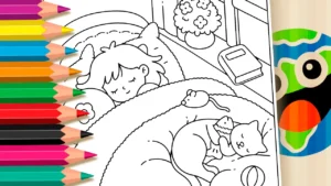Menina Dormindo com seu Gato para Colorir Online