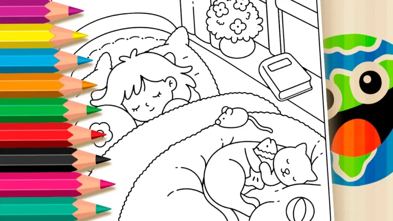 Menina Dormindo com seu Gato para Colorir Online