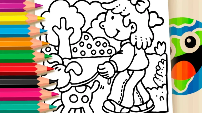 Menina Passeando com Cãozinho para Colorir Online