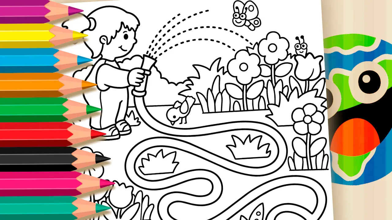 Menina Regando o Jardim - Desenho para imprimir e colorir
