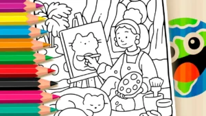 Menina Pintando o Gatinho para Colorir Online